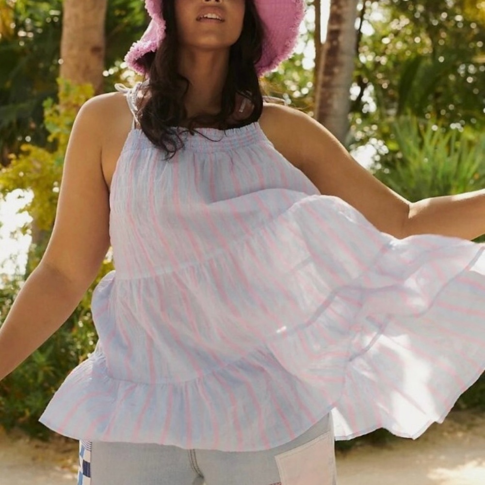 Anthropologie Mauve Loose Fit Pastel Striped Gauzy Ruffle Tiered Tunic Style Top
